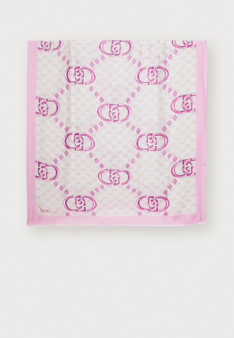 Foulard in seta con bordo rosa, decorato con loghi G sovrapposti e accenti a forma di diamante su uno sfondo chiaro.