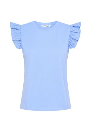 Lyseblå kortærmet t-shirt med vævede flæse detaljer og prikmønster på ærmerne. Lavet af blødt, letvægts bomuldsstof.