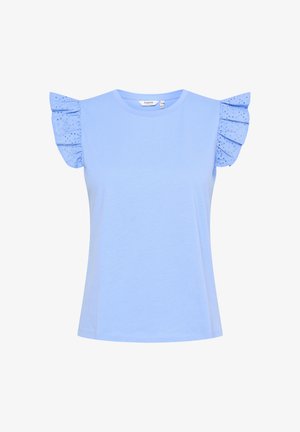 Light blue short-sleeve t-shirt with woven ruffle accents and dotted pattern on sleeves. Made from soft, lightweight cotton fabric.