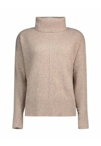 Pull à col roulé beige en tissu tricoté côtelé. Comprend des manches longues et une coupe décontractée avec des détails de coutures verticales.
