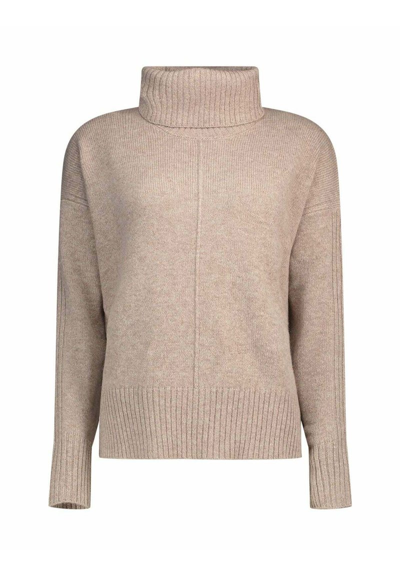 Pull à col roulé beige en tissu tricoté côtelé. Comprend des manches longues et une coupe décontractée avec des détails de coutures verticales.