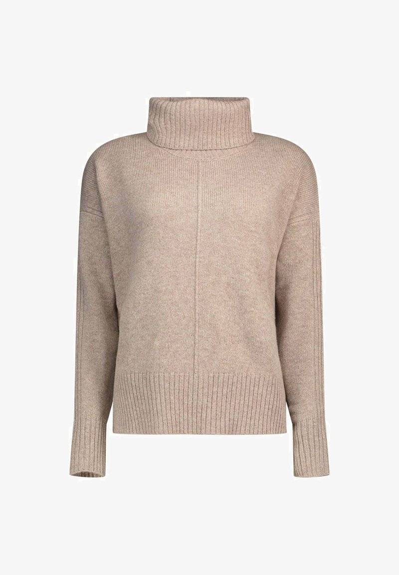 Pull à col roulé beige en tissu tricoté côtelé. Comprend des manches longues et une coupe décontractée avec des détails de coutures verticales.