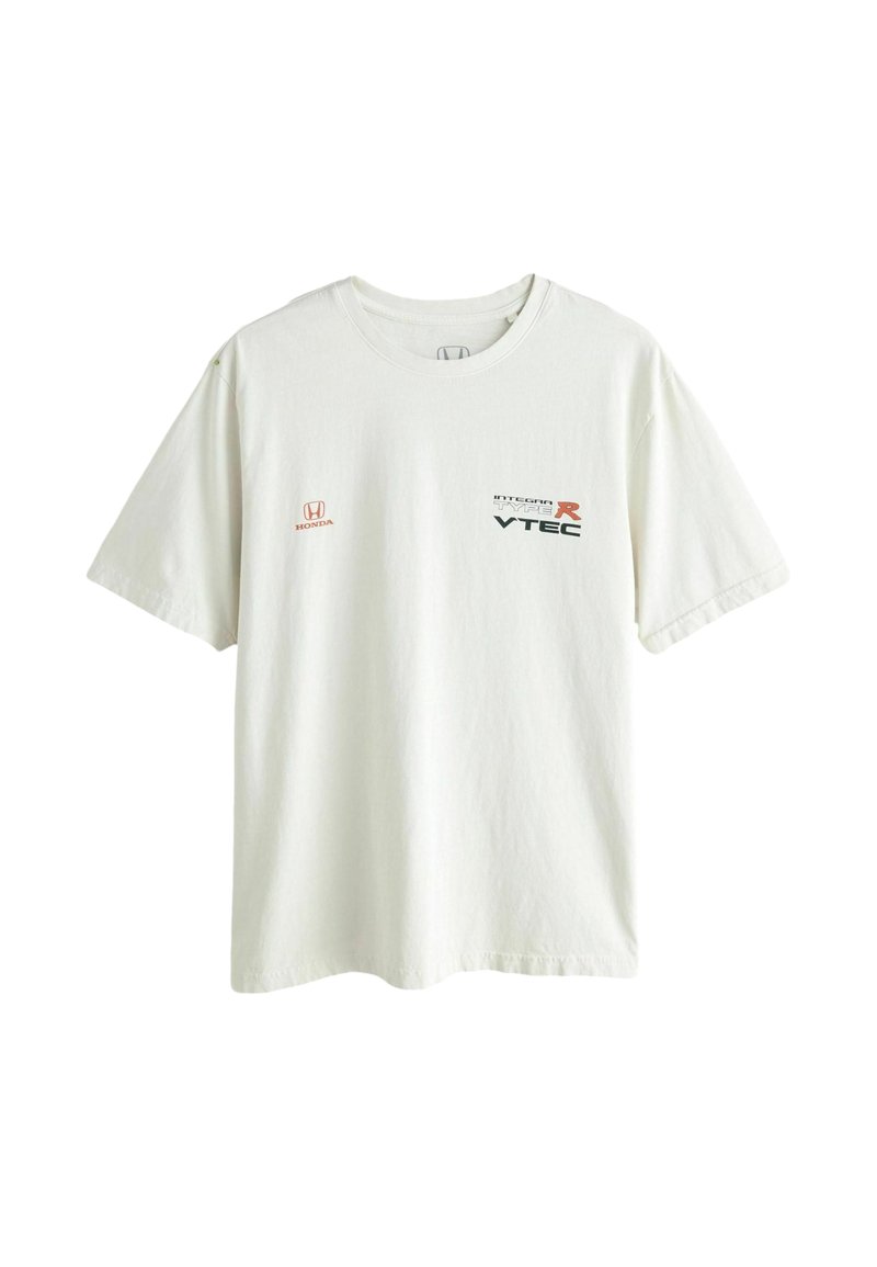 Hvid bomulds T-shirt med korte ærmer. Har "Honda" logo i orange og "VTEC" samt "Integra Type R" i sort og rød print på fronten.