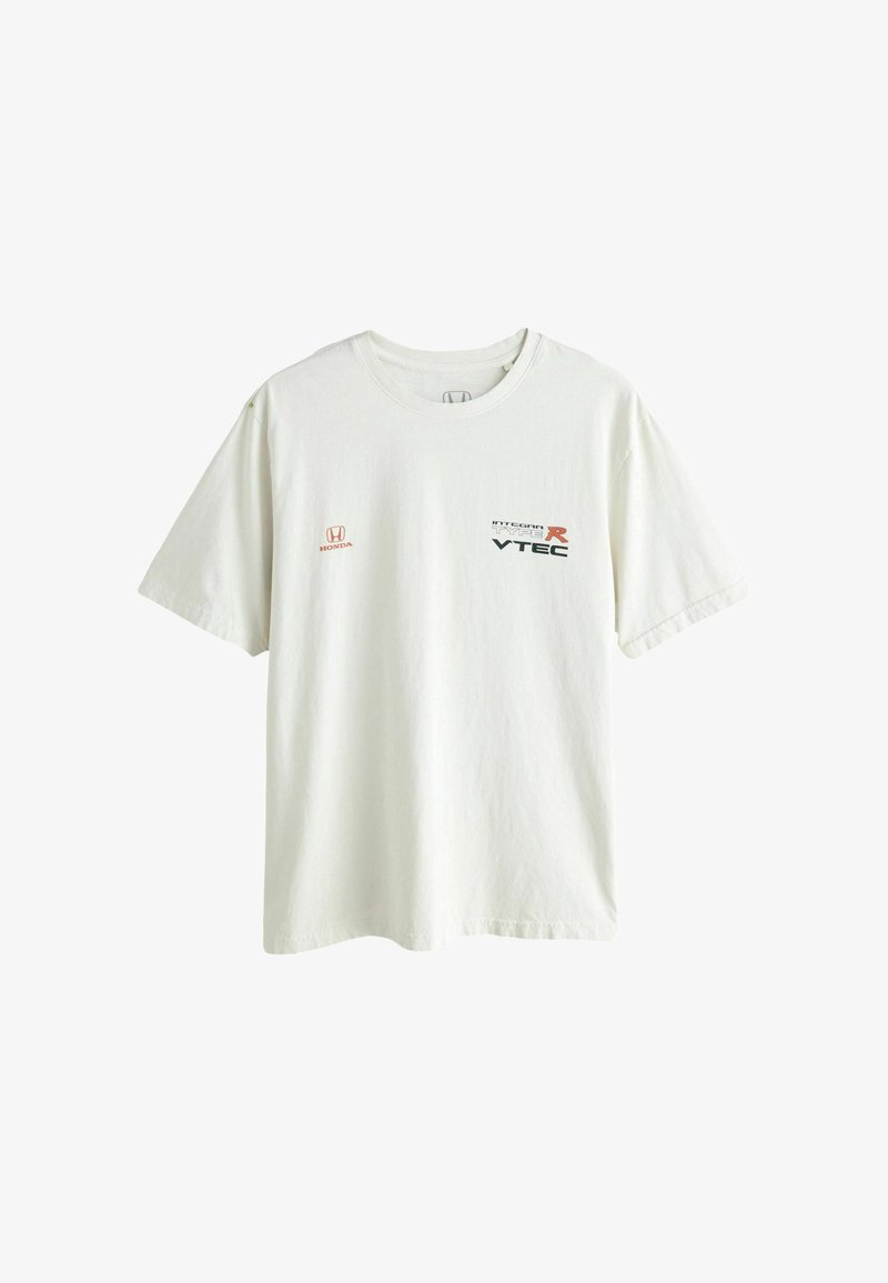 White cotton T-shirt with short sleeves. Features "Honda" logo in orange and "VTEC" and "Integra Type R" in black and red print on the front.