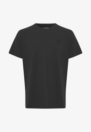 Schwarzes, kurzärmliges T-Shirt aus Baumwollstoff. Verfügt über einen Rundhalsausschnitt und ein kleines Logo in der oberen linken Ecke, glatte Textur.