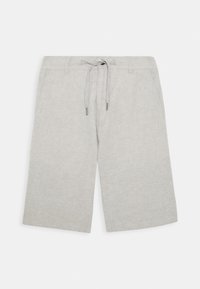 Light grey linen shorts with a relaxed fit, drawstring waistband, two side pockets, and clean hem finish. Smooth, breathable texture.