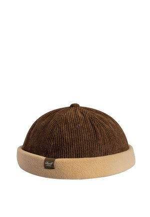 Brown corduroy hat with beige fleece rolled-up brim and small sewn label on the side against white background.