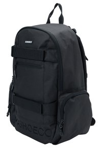 Black backpack featuring a textured fabric, multiple zippered pockets, adjustable straps, and a front logo detail. Smooth and structured design.