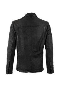 Giacca di pelle nera vista da dietro, con maniche lunghe, dettagli a pannelli cuciti, polsini con bottone e una piccola etichetta al colletto.