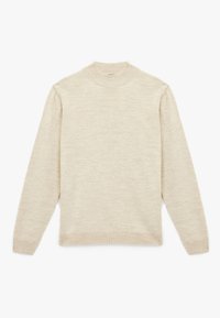 Beige neulepaita, jossa on korkea kaula-aukko, pitkät hihat sekä ribbikuvioidut hihat ja helma. Pehmeä rakenne ja klassinen, yksinkertainen muotoilu.