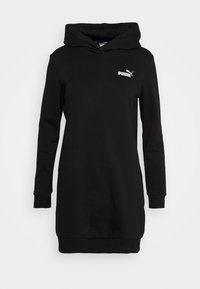 Vestido con capucha negro hecho de tela suave, con mangas largas, un logotipo frontal y puños y dobladillo acanalados para un ajuste relajado.