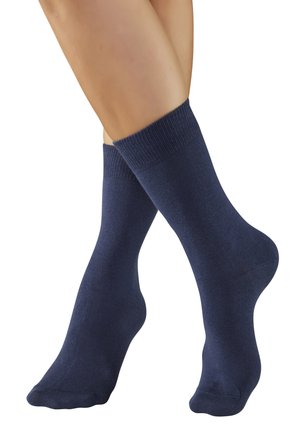 Marineblaue Baumwollsocken mit gerippten Bündchen, glatter Textur, mittellanger Länge bis zur Wade und einfachem, schmucklosem Design.