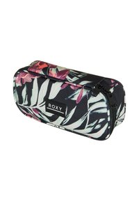 Astuccio Roxy di colore nero con motivi floreali che presentano foglie rosa, viola e verdi. Chiusura con cerniera e forma rettangolare piatta.