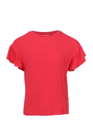 Rood T-shirt met korte mouwen, ruches aan de mouwen en een ronde hals, weergegeven op een effen witte achtergrond.