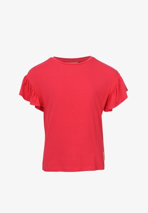 Rood T-shirt met korte mouwen, ruches aan de mouwen en een ronde hals, weergegeven op een effen witte achtergrond.