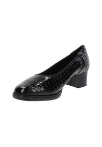 Bottines en cuir verni noir avec un motif crocodile texturé, bout carré et un talon carré. Doublure intérieure lisse pour le confort.