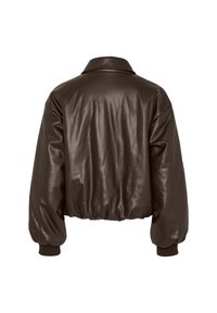 Veste aviateur en cuir marron avec une coupe décontractée, des poignets côtelés et un col. Présente une texture lisse et brillante ainsi qu un ourlet froncé.