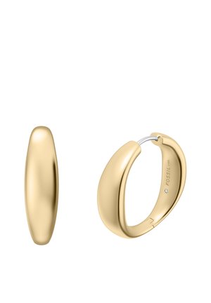 Glatte, skinnende guldring øreringe med et tykt rundt design, den ene viser forfra og den anden åben for at afsløre en metal lås.
