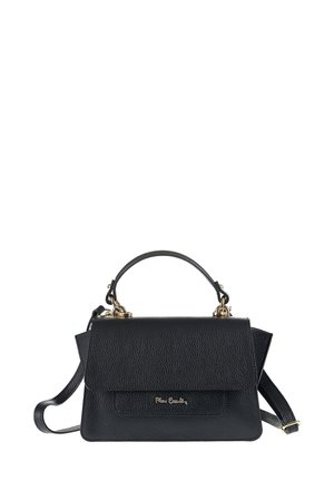 Sac à main en cuir noir avec une finition texturée, doté d'une poignée supérieure, d'une bandoulière amovible et de garnitures en métal doré.