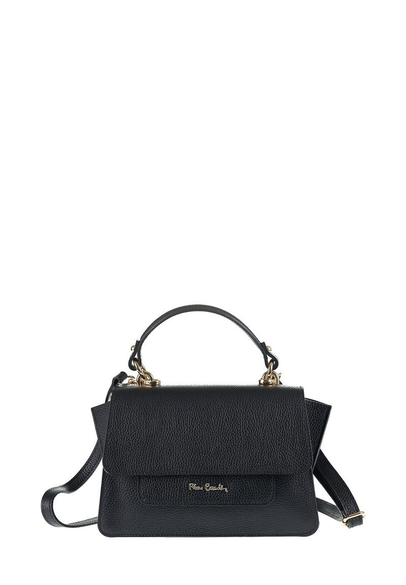 Borsa a mano in pelle nera con finitura testurizzata, dotata di manico superiore, tracolla staccabile e accessori in metallo dorato.
