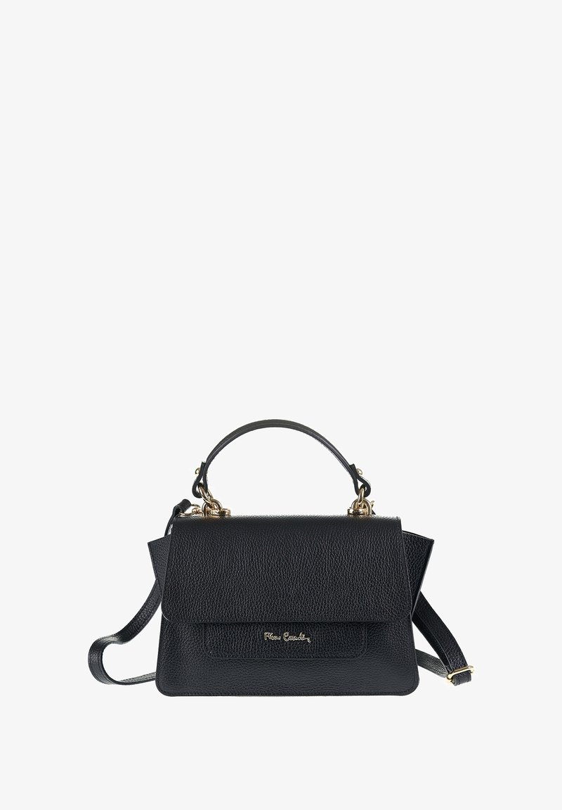 Borsa a mano in pelle nera con finitura testurizzata, dotata di manico superiore, tracolla staccabile e accessori in metallo dorato.