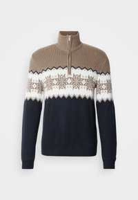 Pulôver de malha com fecho de meio zíper. Apresenta uma gola canelada bege, padrão de flocos de neve em bege e branco, corpo azul escuro e mangas compridas.