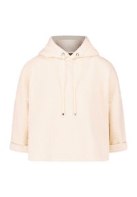 Haut à capuche court de couleur crème, fabriqué en matériau doux et duveteux. Doté d'une capuche avec cordon de serrage, de manches larges et d'une coupe décontractée.