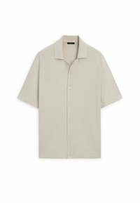 Korte mouwen, lichtbeige cardigan van gestructureerde stof. Heeft een kraag, een knoopsluiting aan de voorkant en een geribbelde zoom. Eenvoudig ontwerp met slimme lijnen.