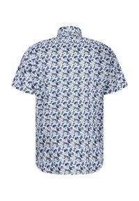 Kurzes Hemd in Weiß mit blauem Blumenmuster, ausgestattet mit einem klassischen Kragen und einer bequemen Passform. Leichtes Material.