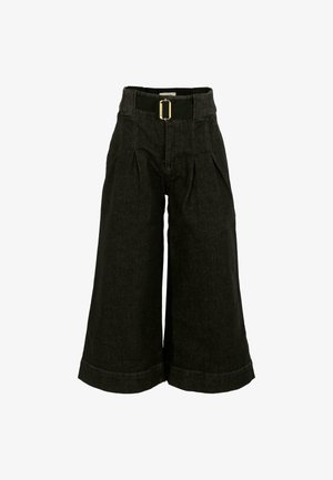 Culotte in denim nero con gamba ampia, dotato di una cintura in vita alta, pieghe frontali e una texture liscia. Rifiniti all'altezza della caviglia.