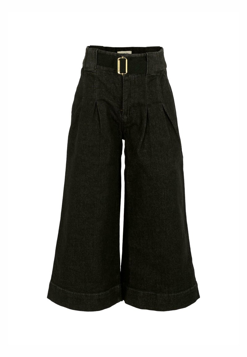 Zwarte denim culottes met een wijde pijp, voorzien van een hoge taille met riem, voorplooien en een gladde textuur. Afgewerkt op enkel lengte.