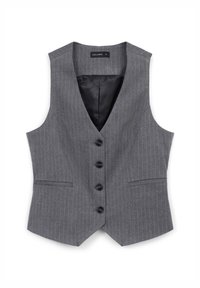 Gilet femme à rayures grises avec quatre boutons noirs, deux poches avant et doublure intérieure en satin noir, taille petite.