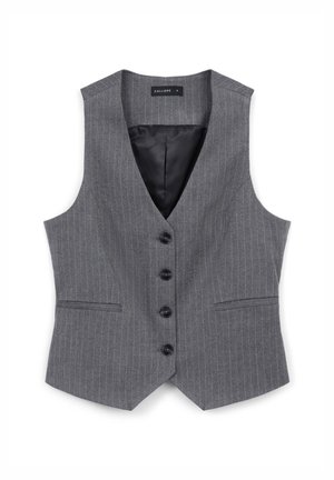 Gilet da donna grigio a righe sottili con quattro bottoni neri, due tasche frontali e foderato in satin nero, taglia piccola.