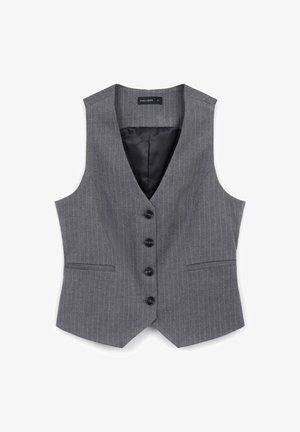 Gilet da donna grigio a righe sottili con quattro bottoni neri, due tasche frontali e foderato in satin nero, taglia piccola.