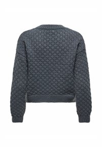Dunkelgrauer Strickpullover mit strukturiertem Rautenmuster, langen Ärmeln, gerippten Bündchen und geripptem Saum, von hinten gezeigt.