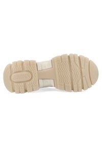 Sneakerzool in beige rubber, met een textuur en zigzagpatroon, ronde neus en verstevigde gebieden voor grip en duurzaamheid.