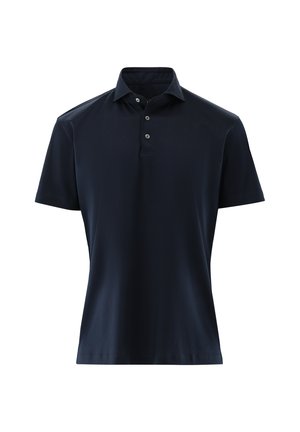 Polo a maniche corte color blu navy con tre bottoni e colletto classico, mostrato su sfondo bianco.