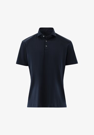 Marineblaues Polohemd mit kurzen Ärmeln, drei Knöpfen und klassischem Kragen, auf weißem Hintergrund präsentiert.