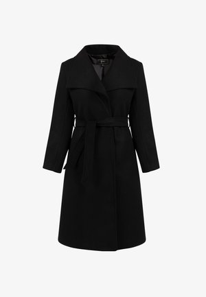 Juodas vilnonis paltas su įpjautu apykakle, diržo liemeniu, ilgomis rankovėmis ir tiesia siluetu. Lygus tekstūra su švariu, minimalistišku dizainu.