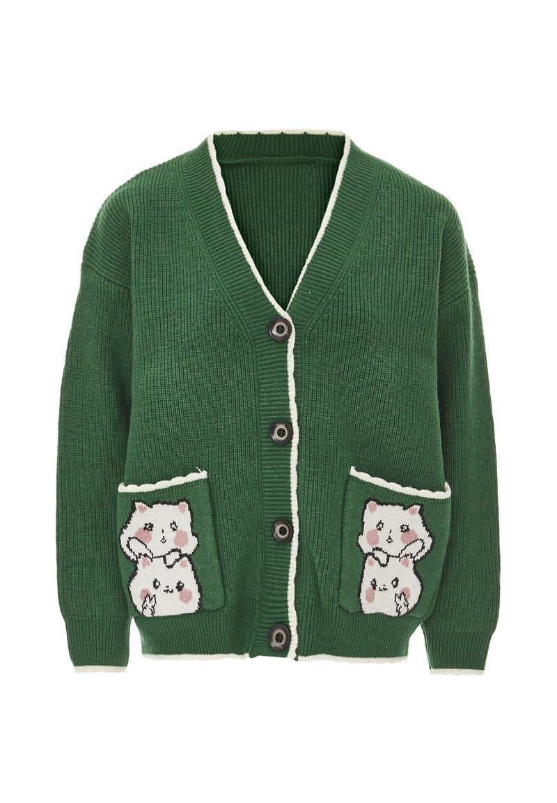 Grön stickad cardigan med ribbat mönster, V-hals, vit kant och två framfickor med tecknat djurmotiv. Femknappslåsning.