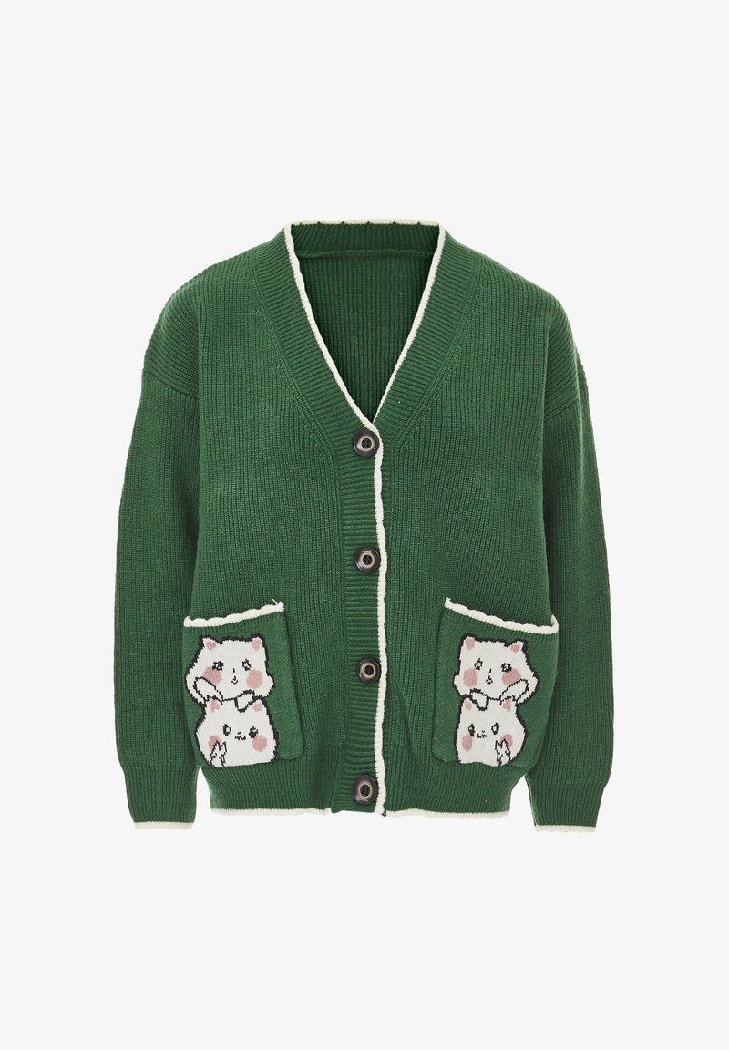 Grön stickad cardigan med ribbat mönster, V-hals, vit kant och två framfickor med tecknat djurmotiv. Femknappslåsning.