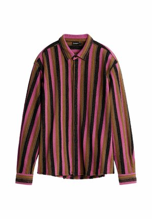 Camisa de manga larga con botones, con rayas verticales en rosa, negro, marrón y mostaza, con cuello clásico y tela texturizada.