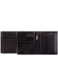 Black leather wallet with multiple card slots, a zippered pocket, and a larger compartment. Smooth texture, simple design, and subtle branding.