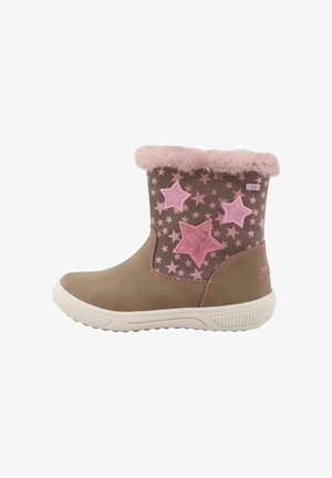 Bruine enkelboots met roze sterontwerpen, nep-bont manchet en een gestructureerd zool. Met een gladde bovenkant en geborduurde sterpatronen.