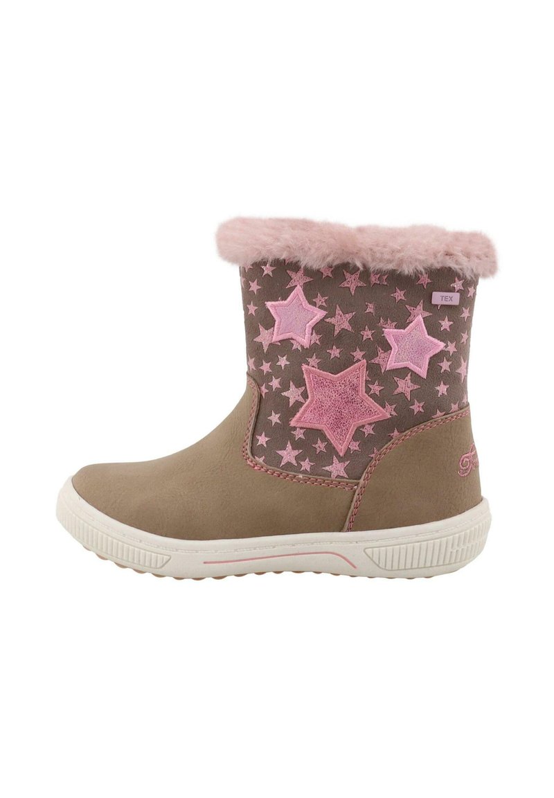 Bruine enkelboots met roze sterontwerpen, nep-bont manchet en een gestructureerd zool. Met een gladde bovenkant en geborduurde sterpatronen.