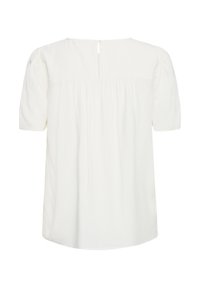 Blouse blanche à manches courtes avec un détail froncé au dos et une petite fermeture à bouton avec ouverture en goutte d'eau au niveau du col.