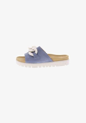 Blue suede slide sandals with a white chain accent, featuring a textured insole and a thick white sole with notched detailing.