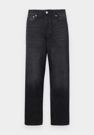 Jean en denim noir avec une coupe droite, design à cinq poches, fermeture à bouton en métal et décoloration subtile du tissu.