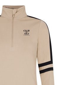 Beige Zip-up-Fleece-Oberteil mit hohem Kragen, versehen mit schwarzen Seitenstreifen und dem Logo "CLUB de SKI" in Schwarz. Glatte Textur, sportliche Passform.