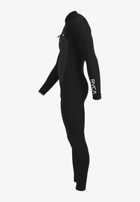 Black wetsuit with long sleeves, sleek design, and flatlock stitching. Features a zipper on the chest and branding on the arm.